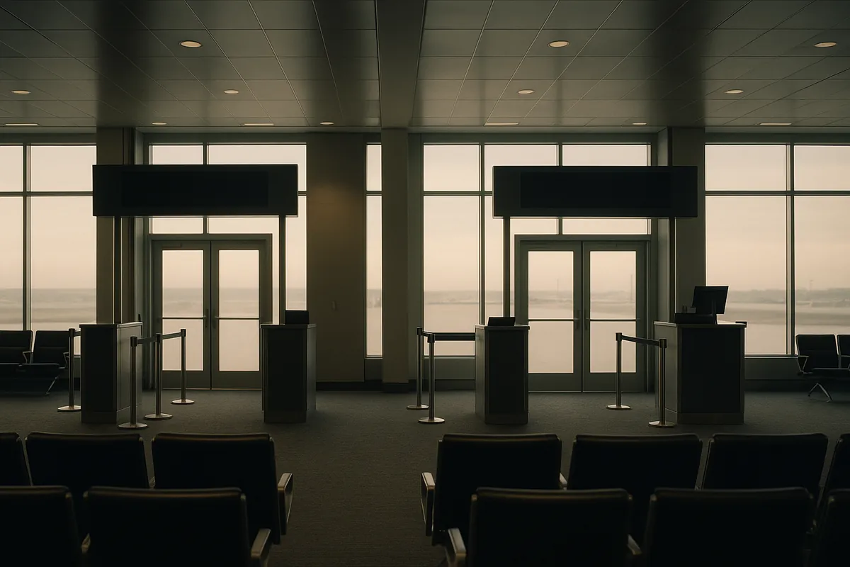 Two separate arrival gates in an empty airport terminal at dawn