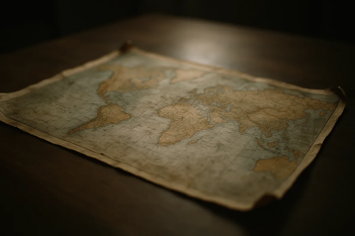 A worn world map spread flat on a table