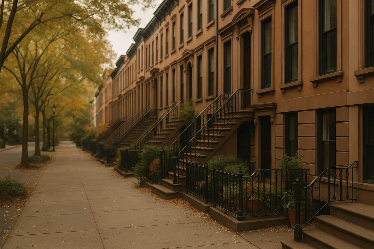 A quiet street of classic American brownstones in autumn light