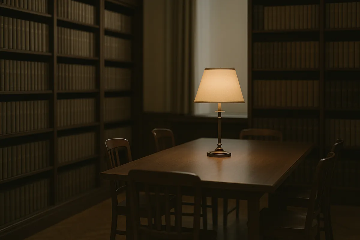 An orderly reading room lined with uniform bound volumes