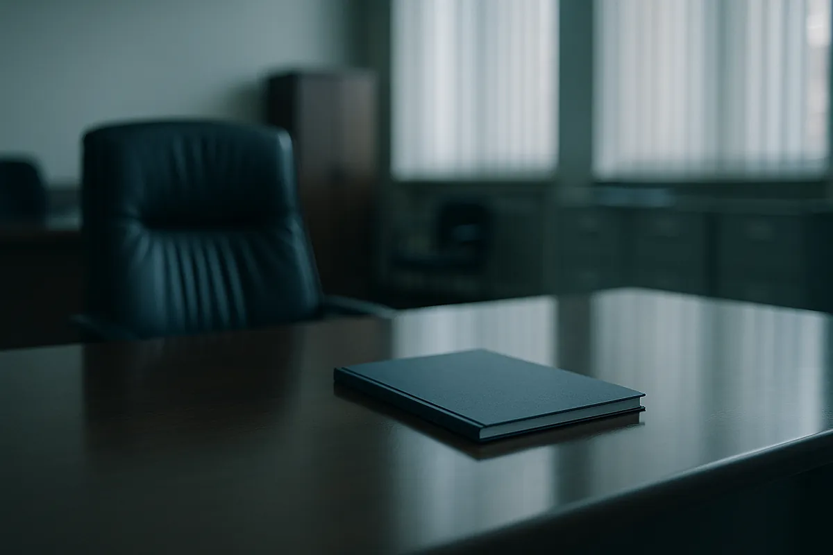 An empty office desk with a single closed folder under cold light