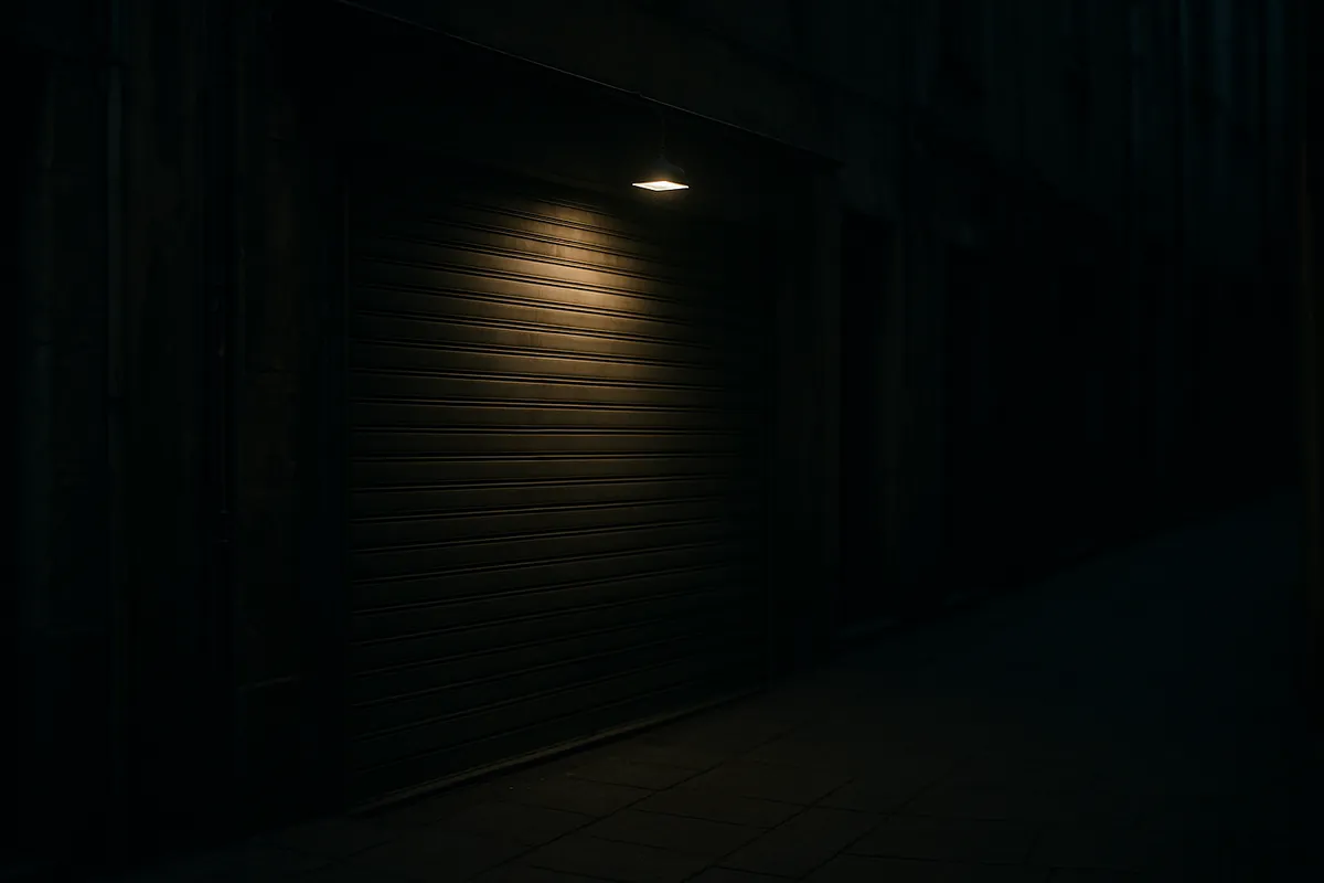 A shuttered shopfront in a narrow back street at night