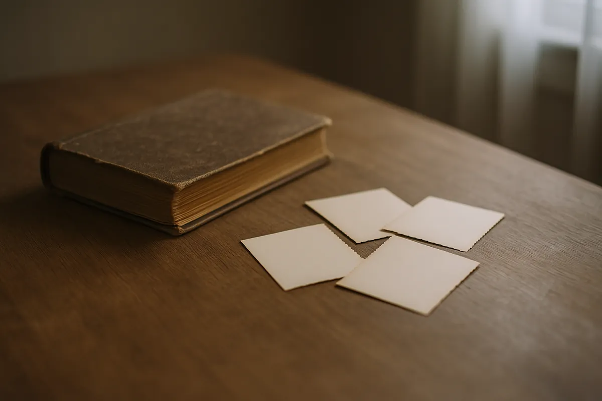 An old family album and loose photographs on a wooden table