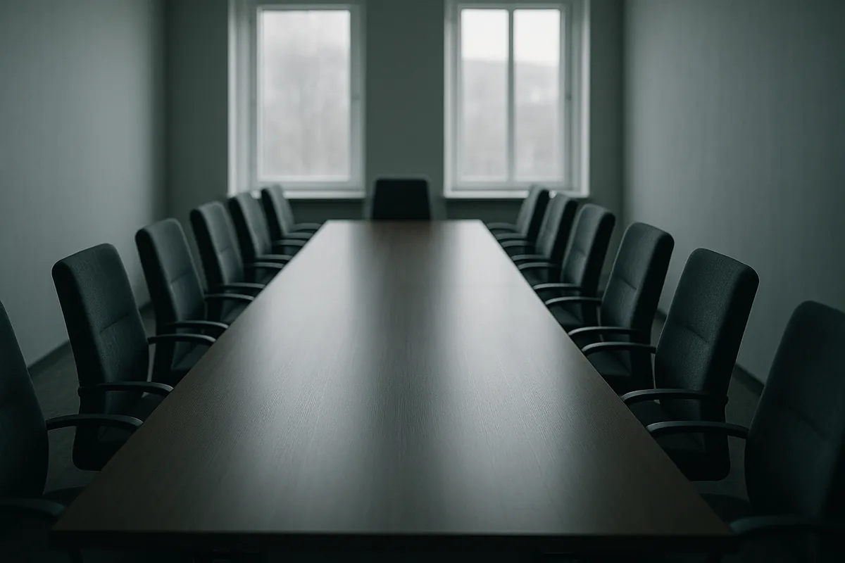 An empty formal conference room with a long table and identical chairs