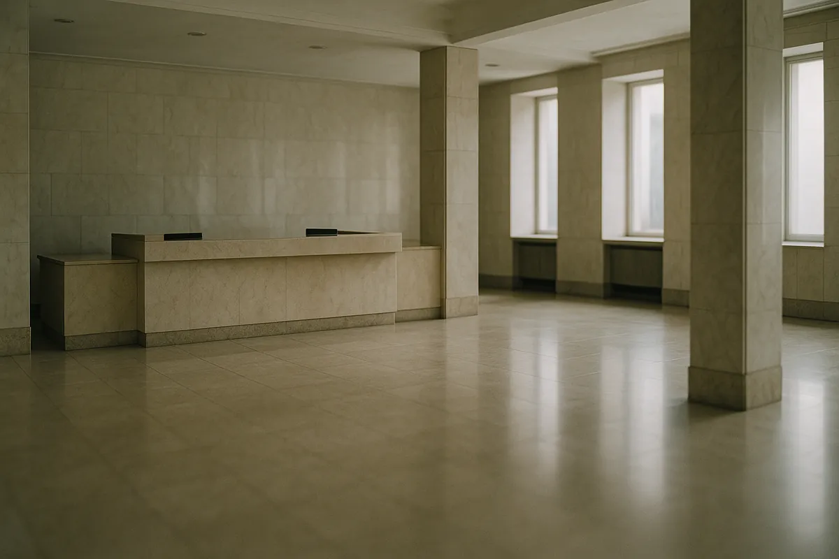 A quiet marble lobby with an unattended reception desk