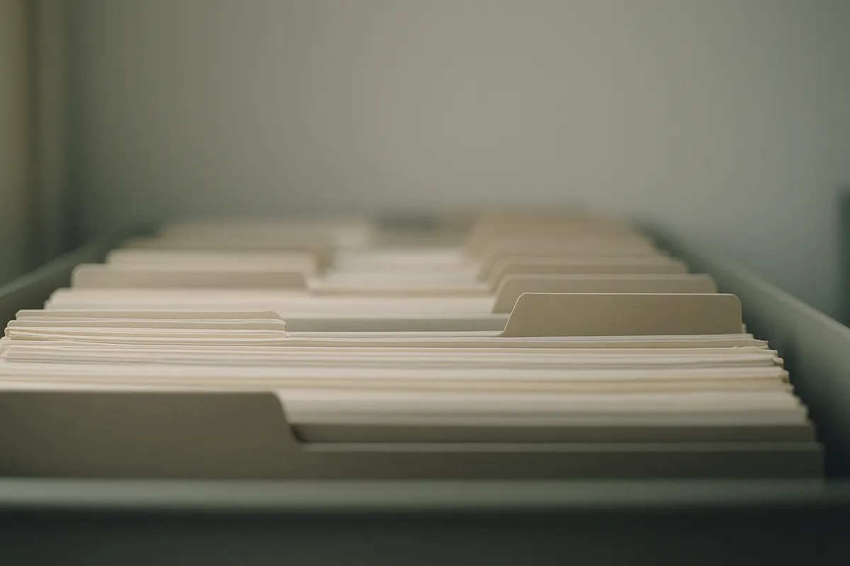 Stacked paper edges and index tabs in an archive drawer