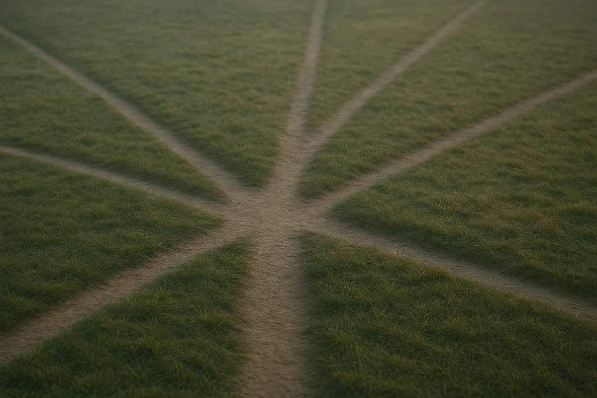Five worn footpaths converging across a field, seen from above