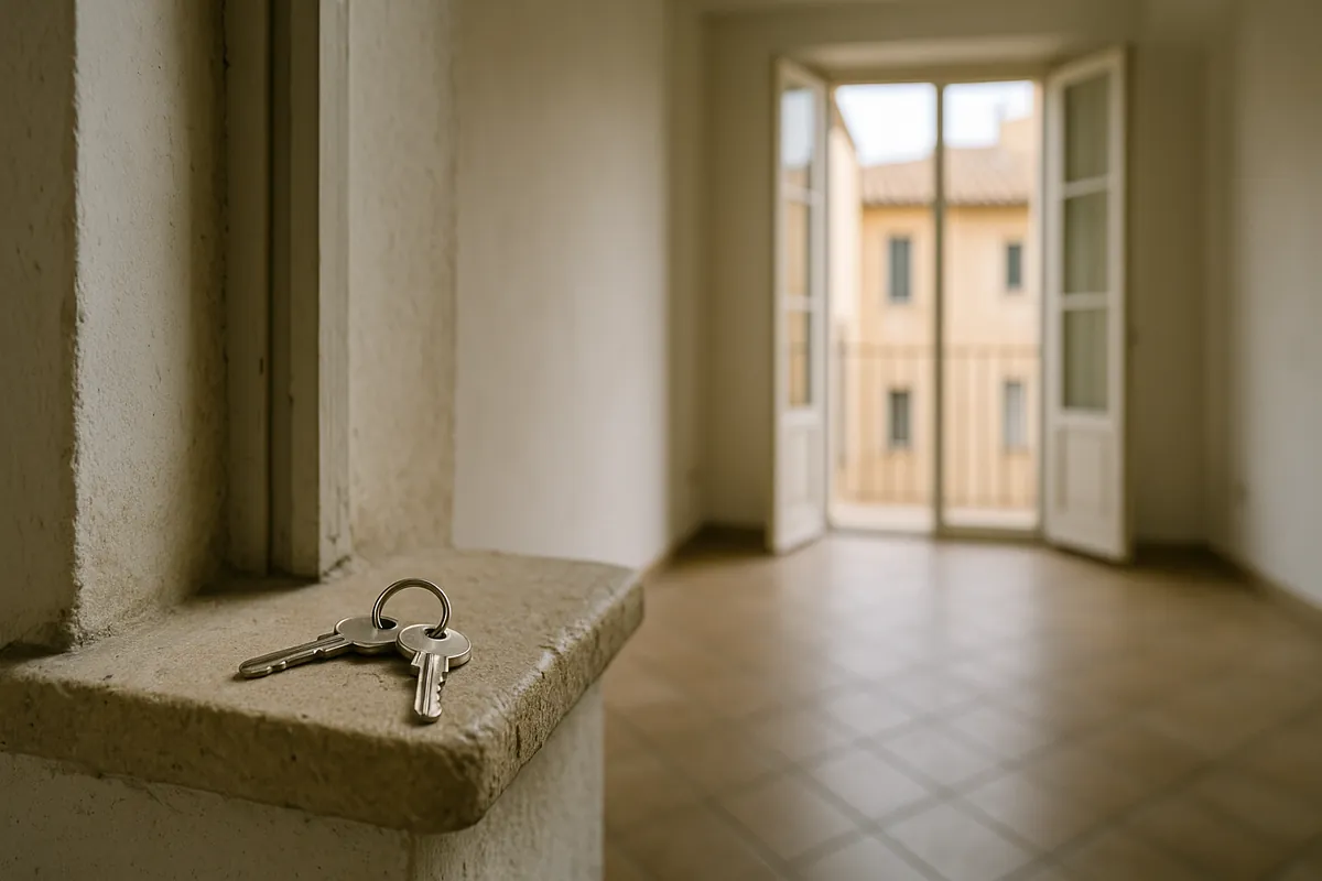 House keys on the stone windowsill of an empty Mediterranean apartment