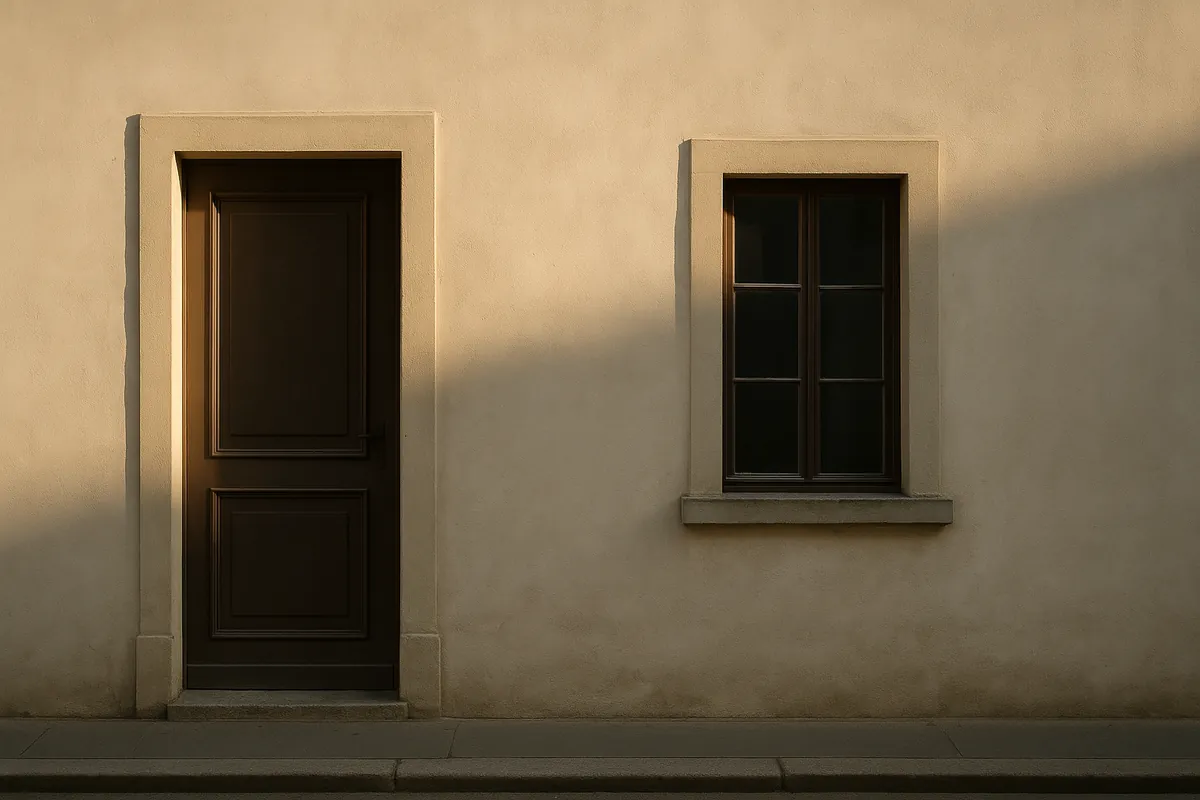 A doorway and a window side by side on a plain plastered wall