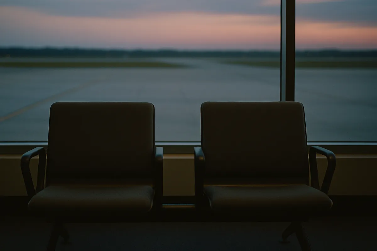 Two seats at an empty boarding gate overlooking a runway at dusk