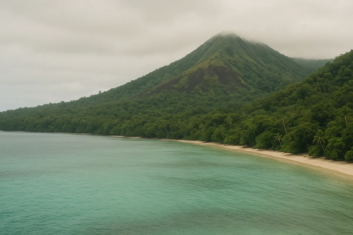 A Pacific island coastline with volcanic hills meeting turquoise shallows