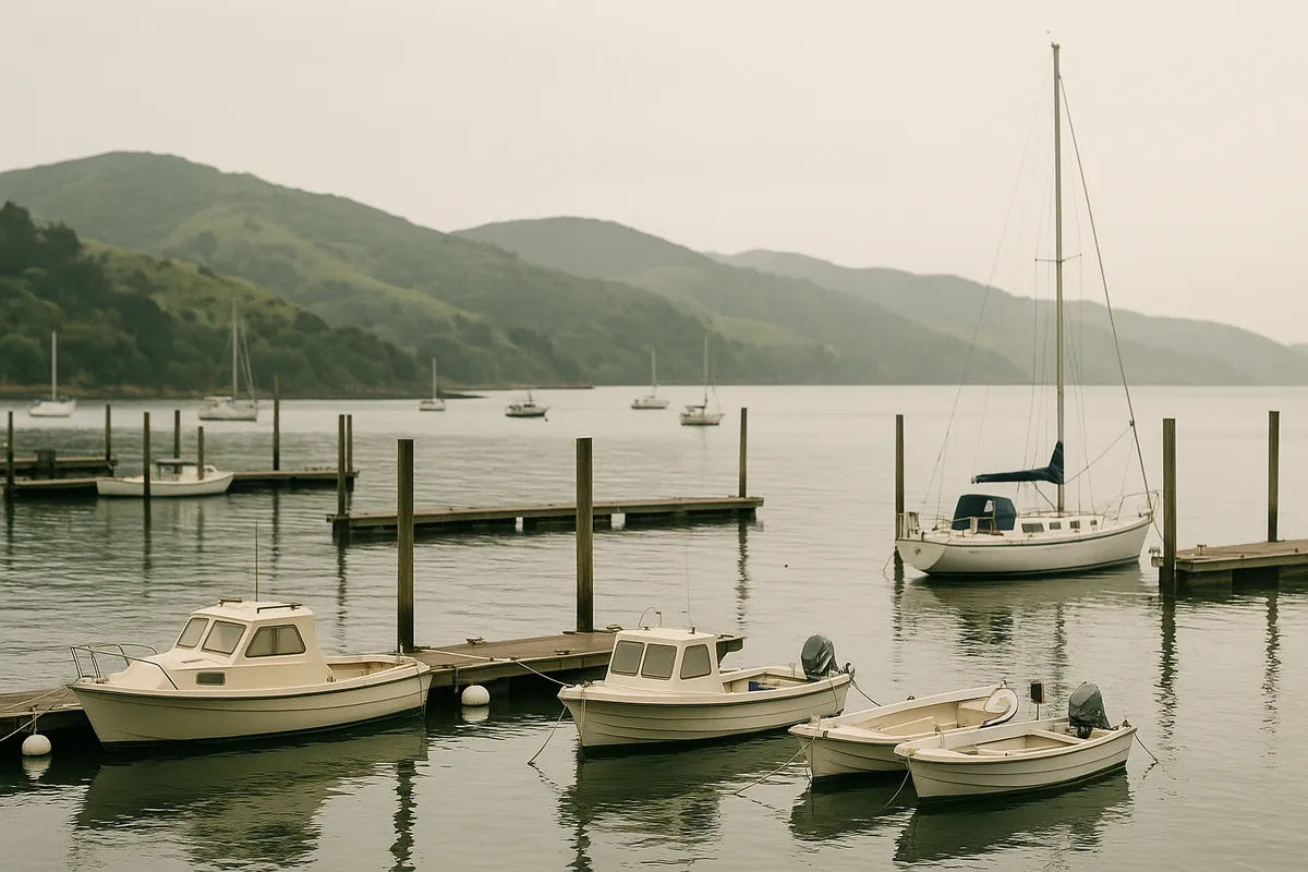 A small harbour with moored boats below low green hills