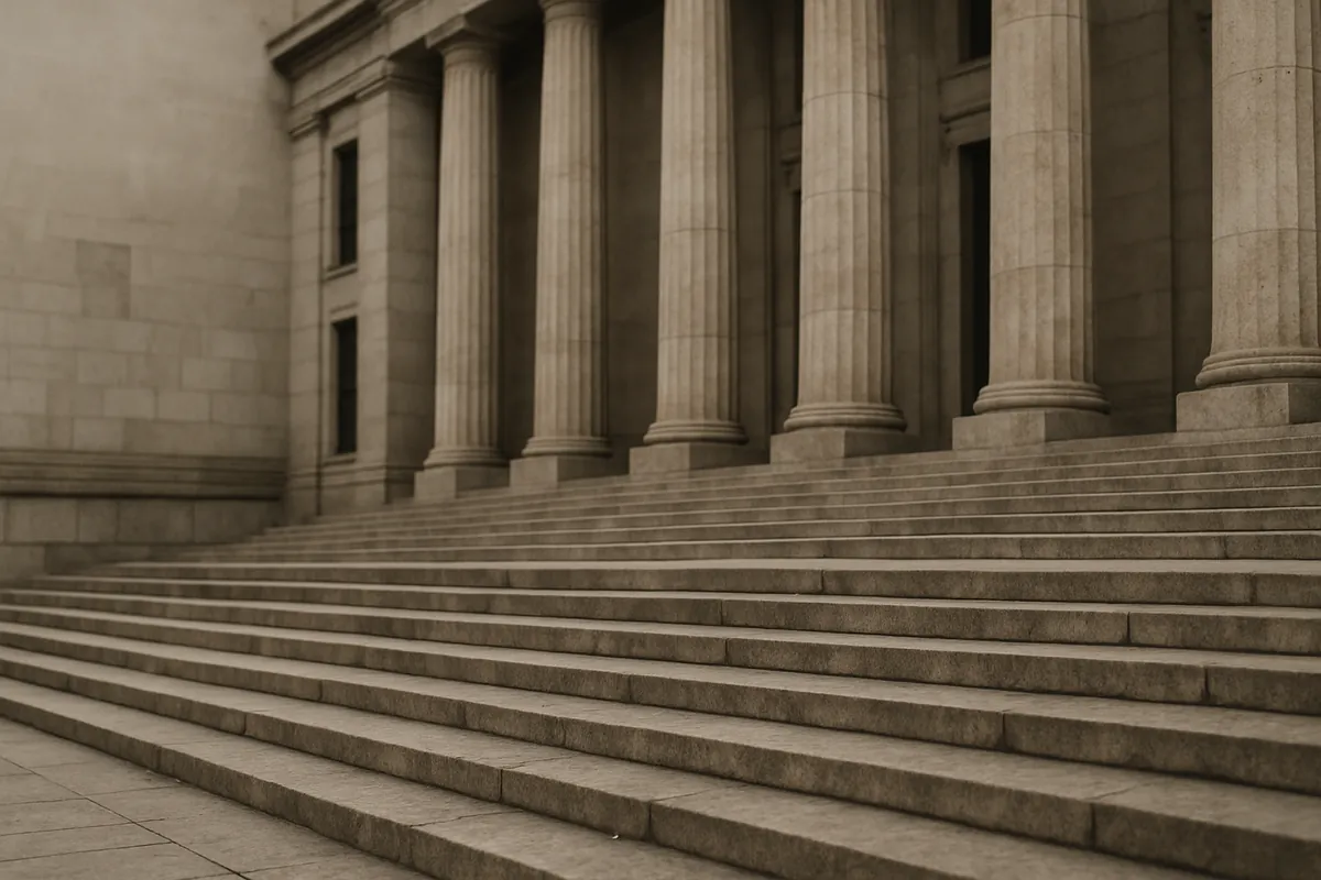 Weathered stone steps and columns of a government building
