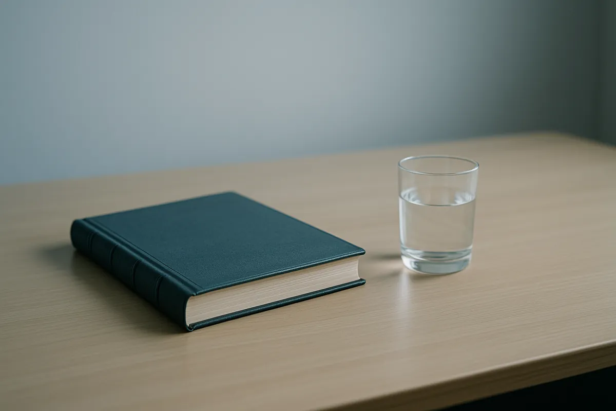 A plain desk with a closed ledger and a glass of water in cool daylight