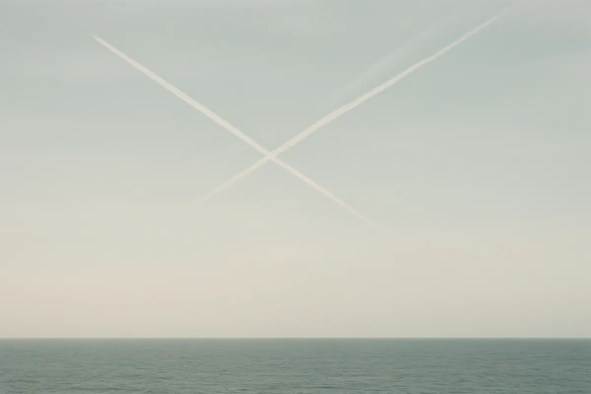 Contrails crossing a pale sky above a distant ocean horizon