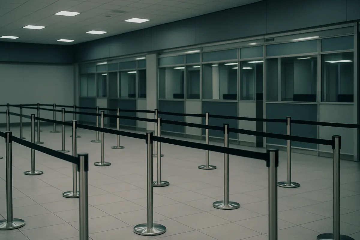 An empty passport-control hall with rope barriers